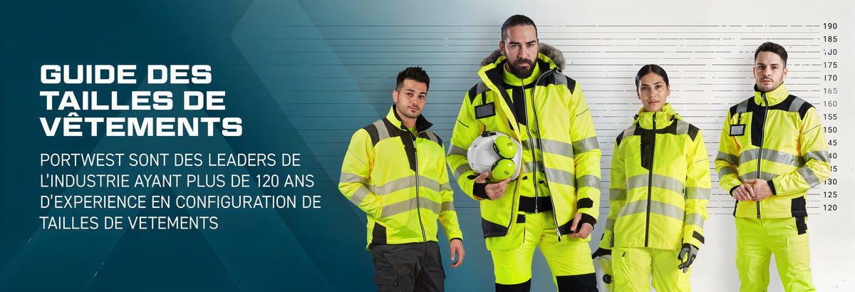 Guide des tailles de vêtements Portwest : équipe en vestes haute visibilité devant une toise
