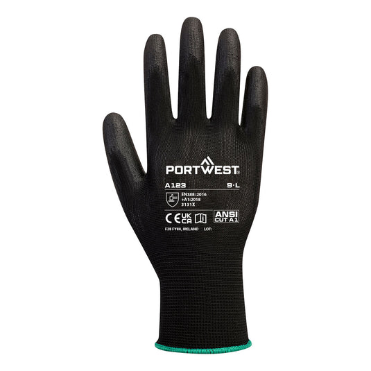 A123 - Gant enduit PU sans latex - Carton complet (144), Noir, vue de dos 