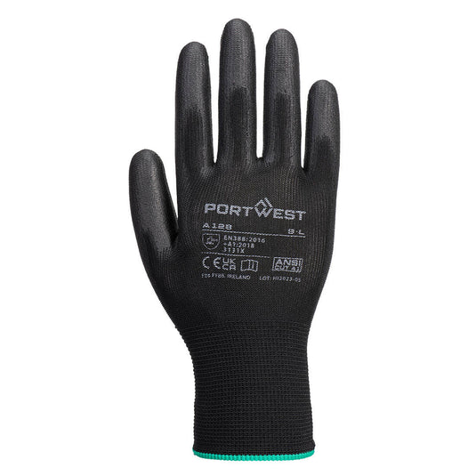 A128 - Gant enduit PU paume sans latex - Paquet individuel, Noir, vue de dos 