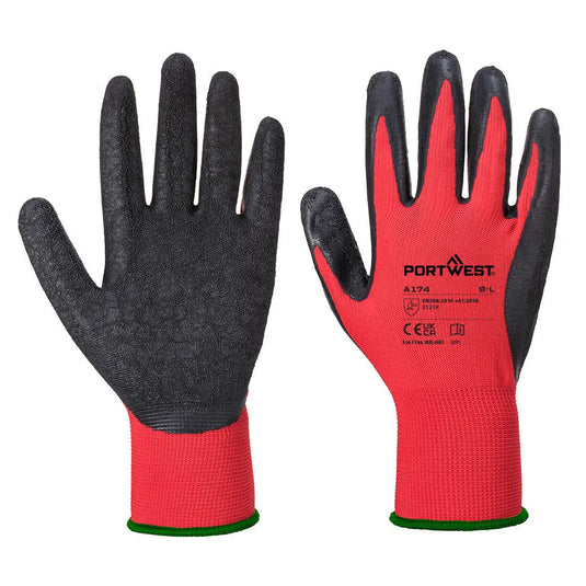 Gant en latex Flex Grip A174 Portwest rouge et noir avec paume enduite