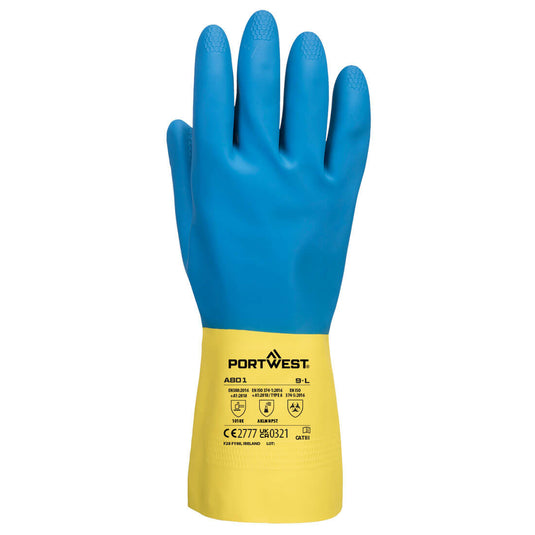 A801 - Gant Latex Double enduction, Jaune/Bleu, vue de dos 