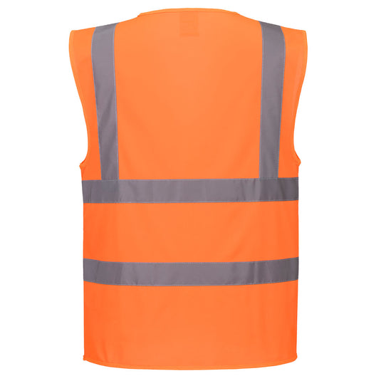 C371 - Gilet Haute Visibilité Zippé Bandes Ceinture et Bretelles, Orange, vue de dos 