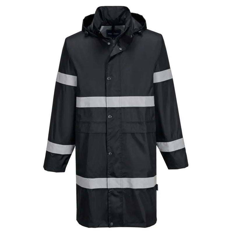 Chargez l'image dans la visionneuse de la galerie, Veste de pluie Iona 100cm F437 - détails bandes réfléchissantes et capuche
