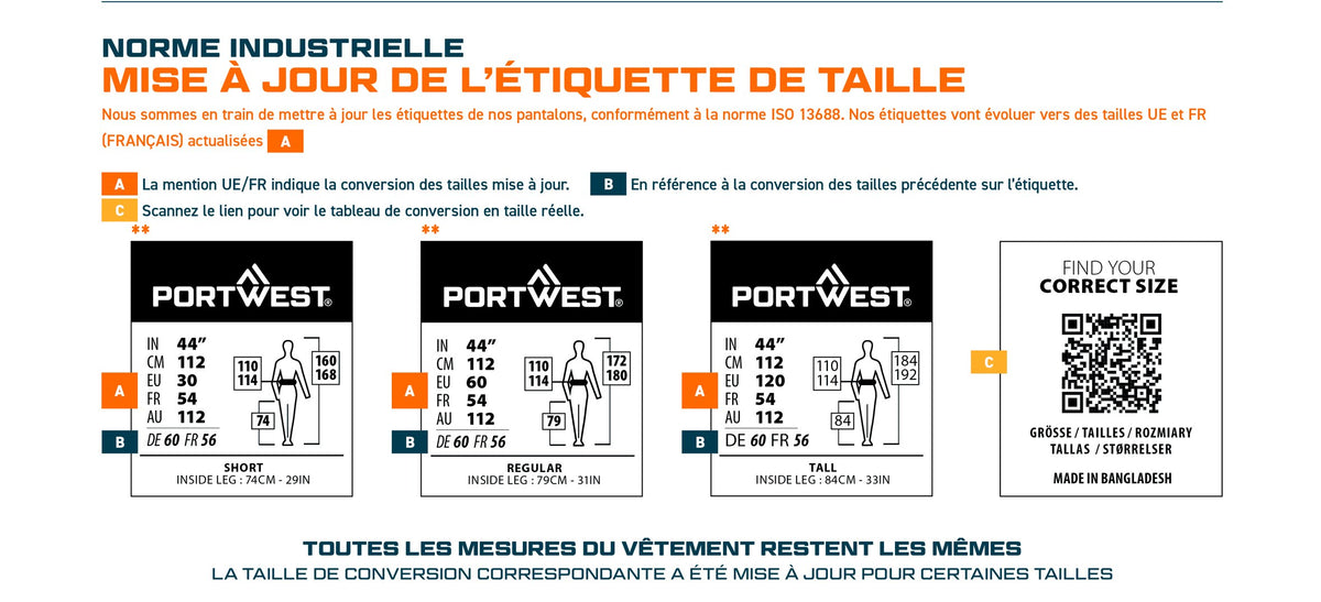 Nouvelle étiquette de taille Portwest : repère A pour les tailles UE et FR mises à jour, repère B pour l'ancienne taille, repère C pour le QR code